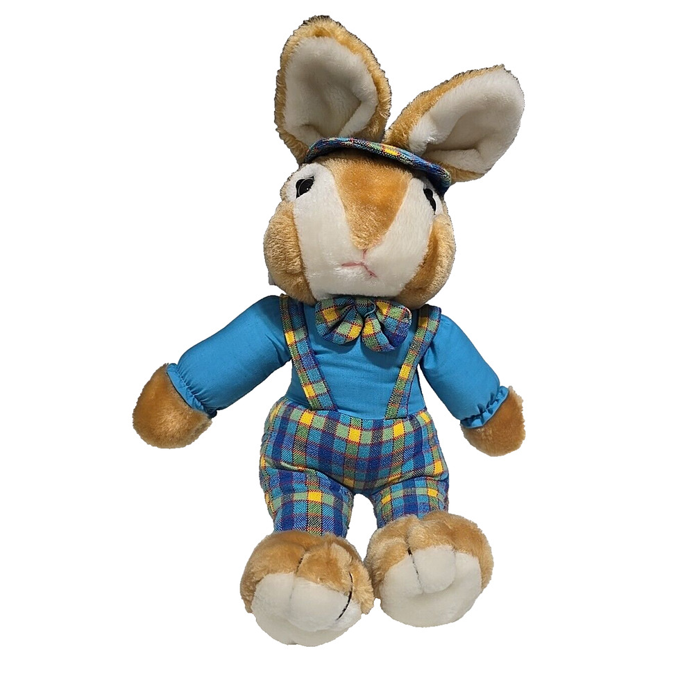VTG‎ A&B Novelty Bunny in Plaid Overalls Rabbit Plush Stuffed Animal Toy 17"